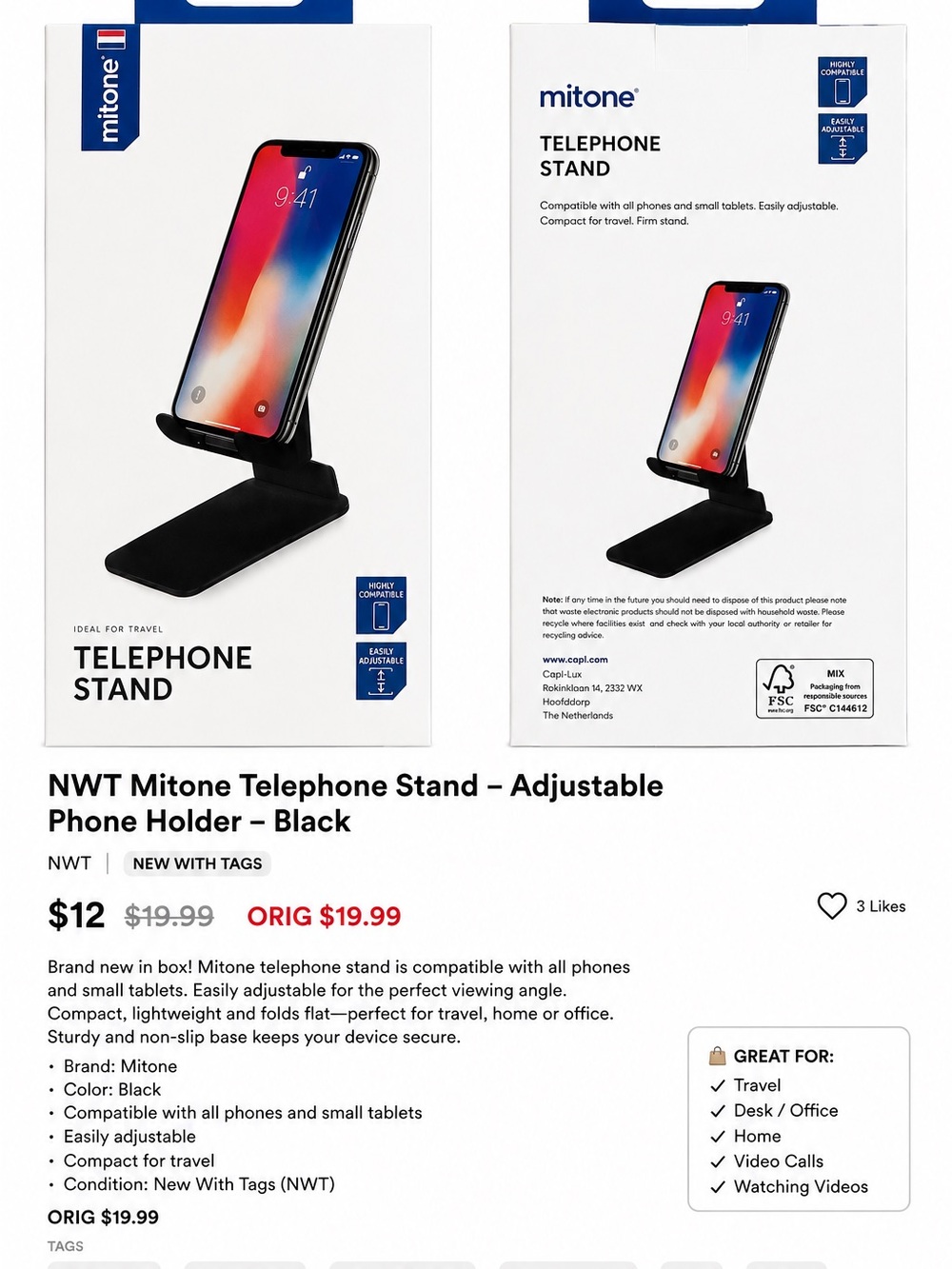 NWT Mitone Adjustable Telephone Stand Phone Holder Black Orig. $19.99